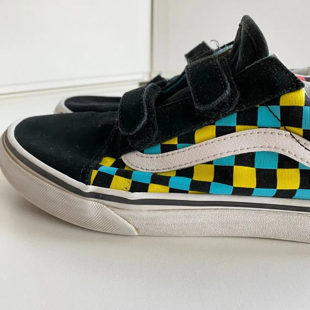 Vans Old Skool V Neon Glow Check Black/Multi Unisex Junior‎ 6 Hook Loop Shoes